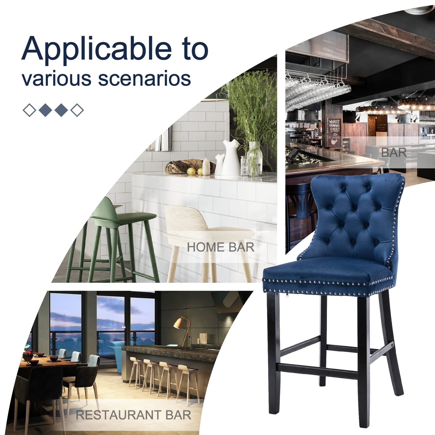 Velvet Bar Stools with Studs Trim Wooden Legs Tufted Dining Chairs Kitchen
