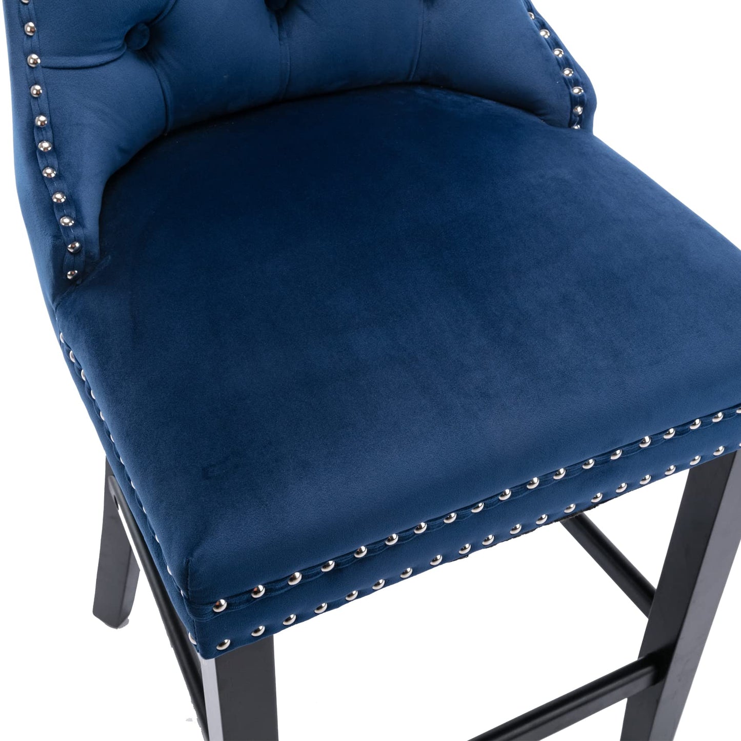 Velvet Bar Stools with Studs Trim Wooden Legs Tufted Dining Chairs Kitchen