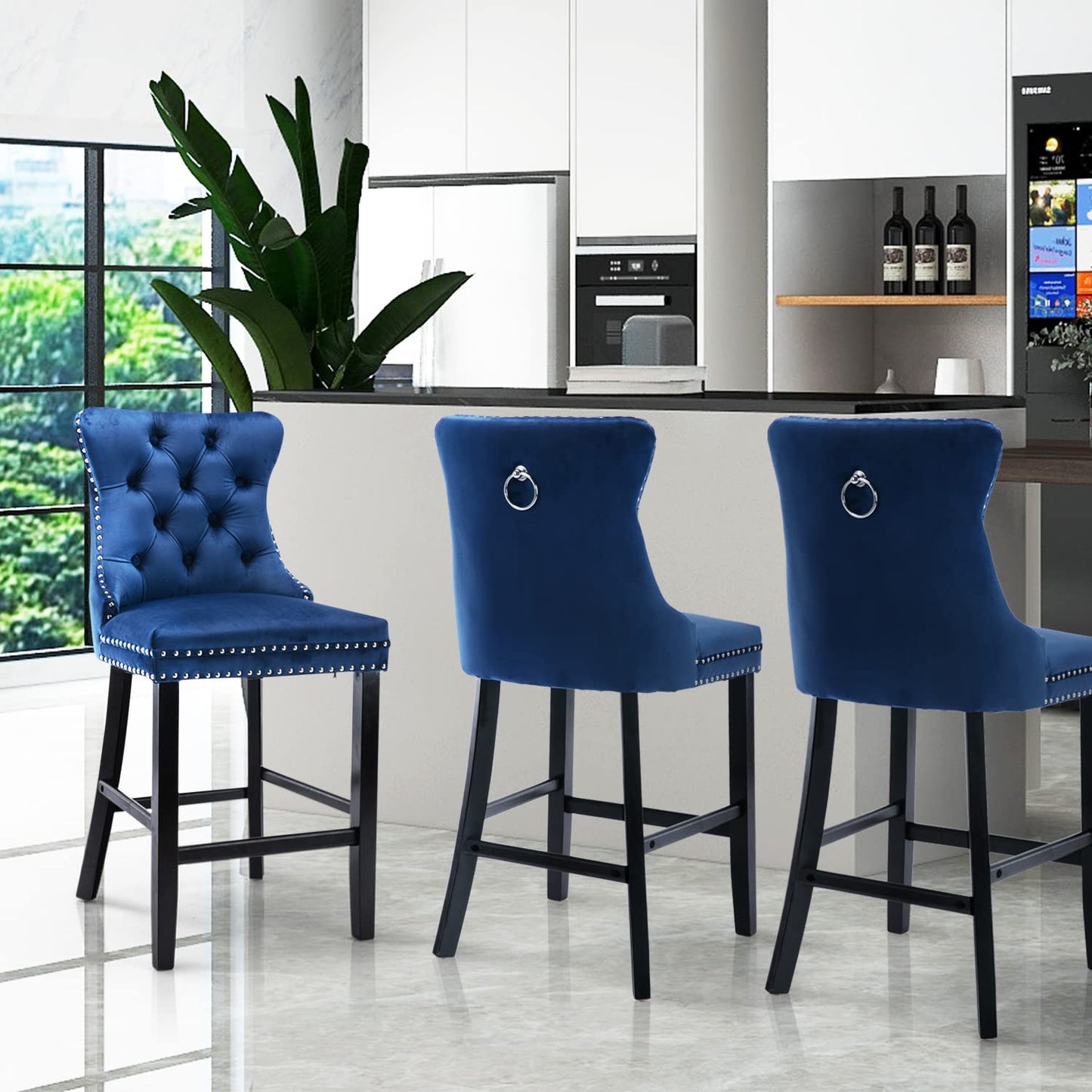 Velvet Bar Stools with Studs Trim Wooden Legs Tufted Dining Chairs Kitchen