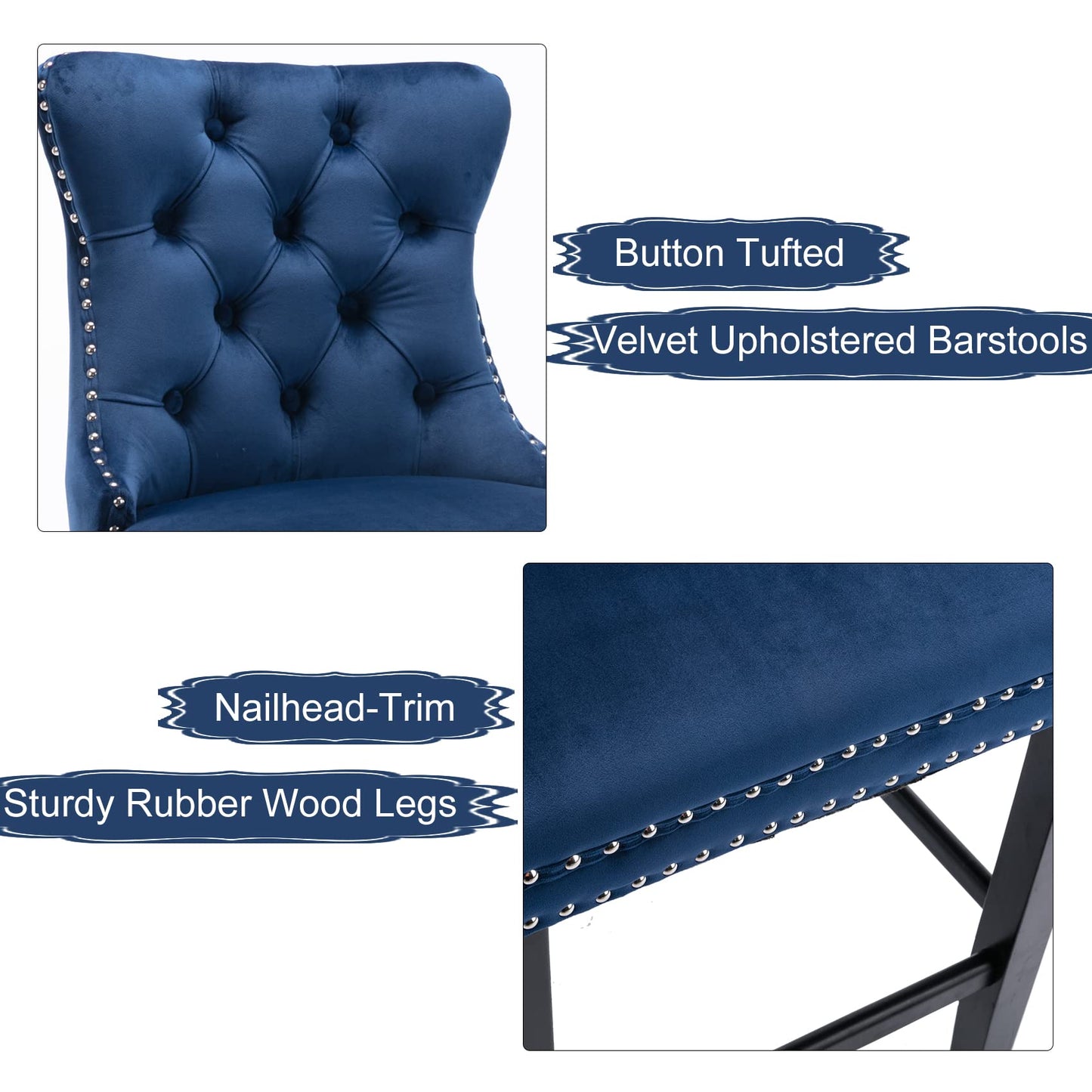 Velvet Bar Stools with Studs Trim Wooden Legs Tufted Dining Chairs Kitchen