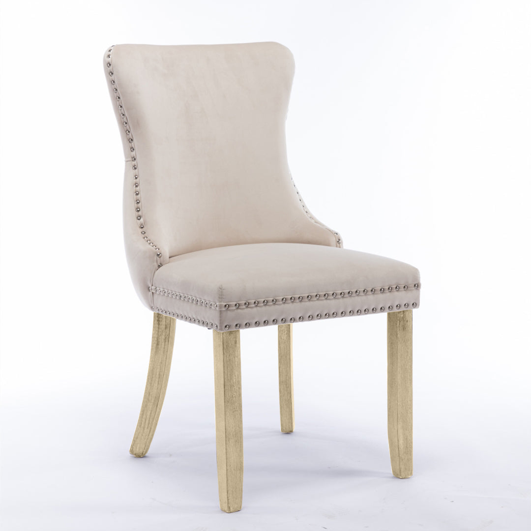 Velvet Upholstered Dining Chairs Tufted Wingback Side Chair with Studs Trim Solid Wood Legs