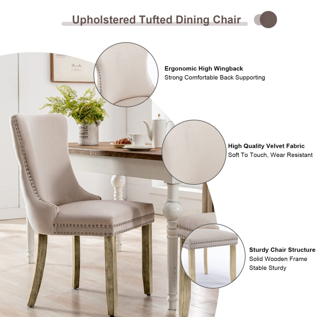 Velvet Upholstered Dining Chairs Tufted Wingback Side Chair with Studs Trim Solid Wood Legs