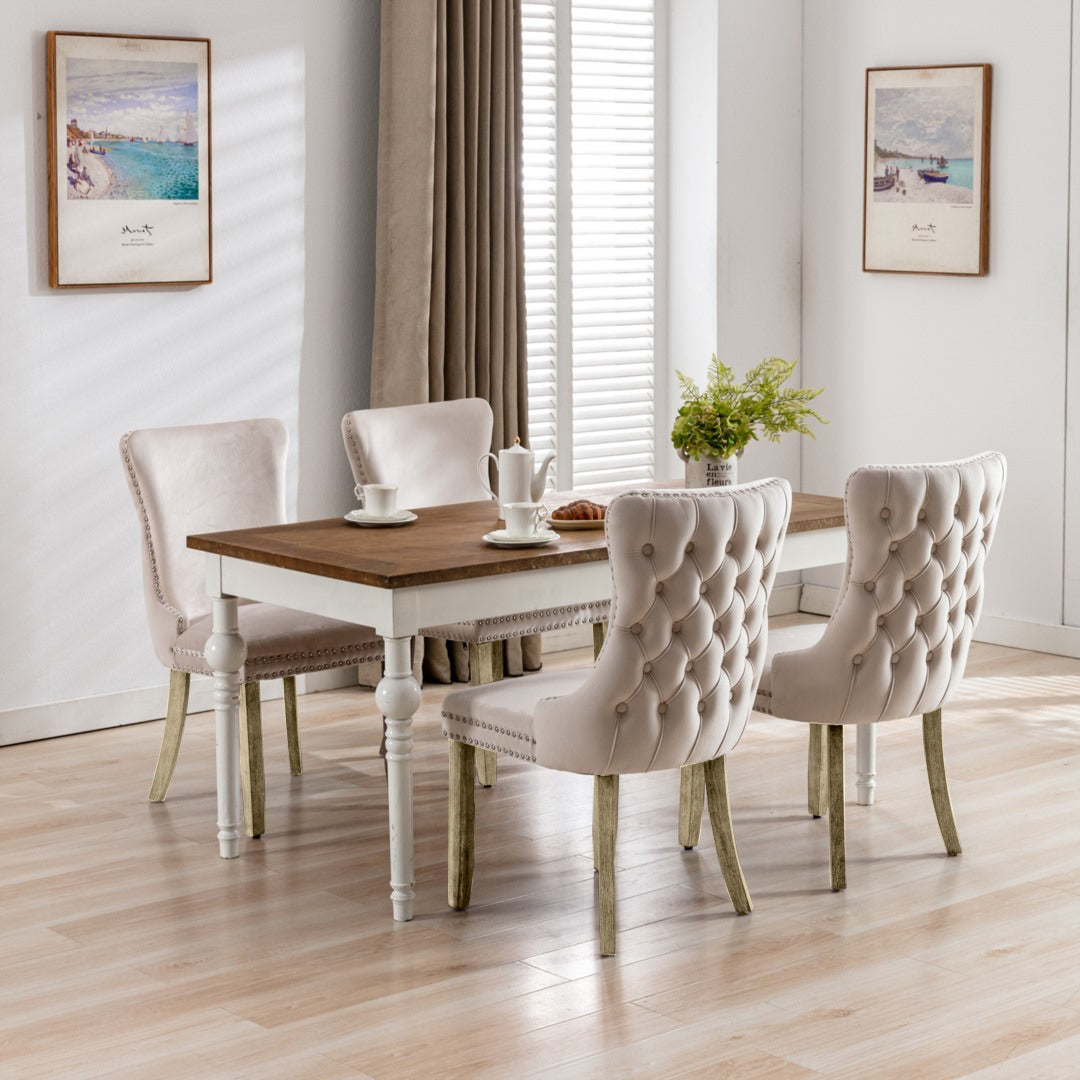 Velvet Upholstered Dining Chairs Tufted Wingback Side Chair with Studs Trim Solid Wood Legs