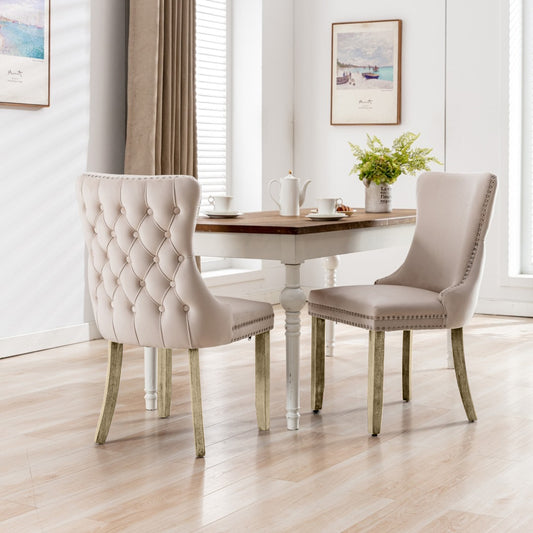 Velvet Upholstered Dining Chairs Tufted Wingback Side Chair with Studs Trim Solid Wood Legs