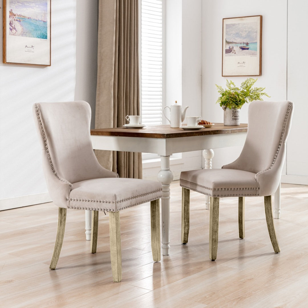 Velvet Upholstered Dining Chairs Tufted Wingback Side Chair with Studs Trim Solid Wood Legs
