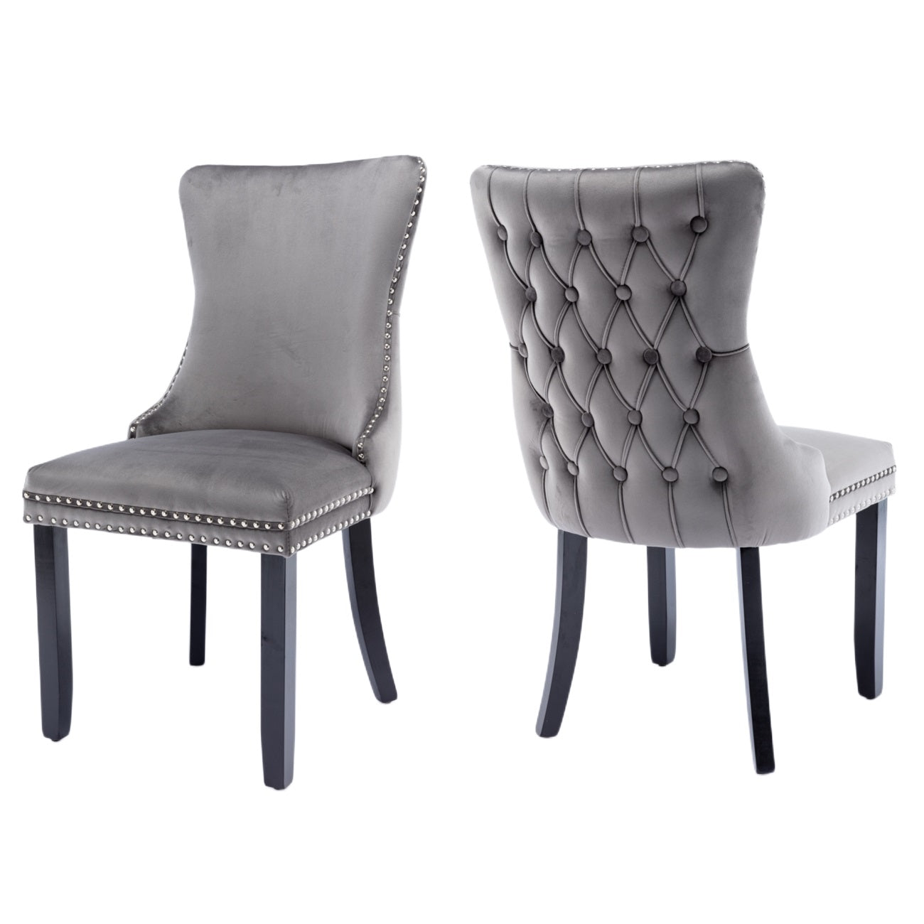 Velvet Upholstered Dining Chairs Tufted Wingback Side Chair with Studs Trim Solid Wood Legs