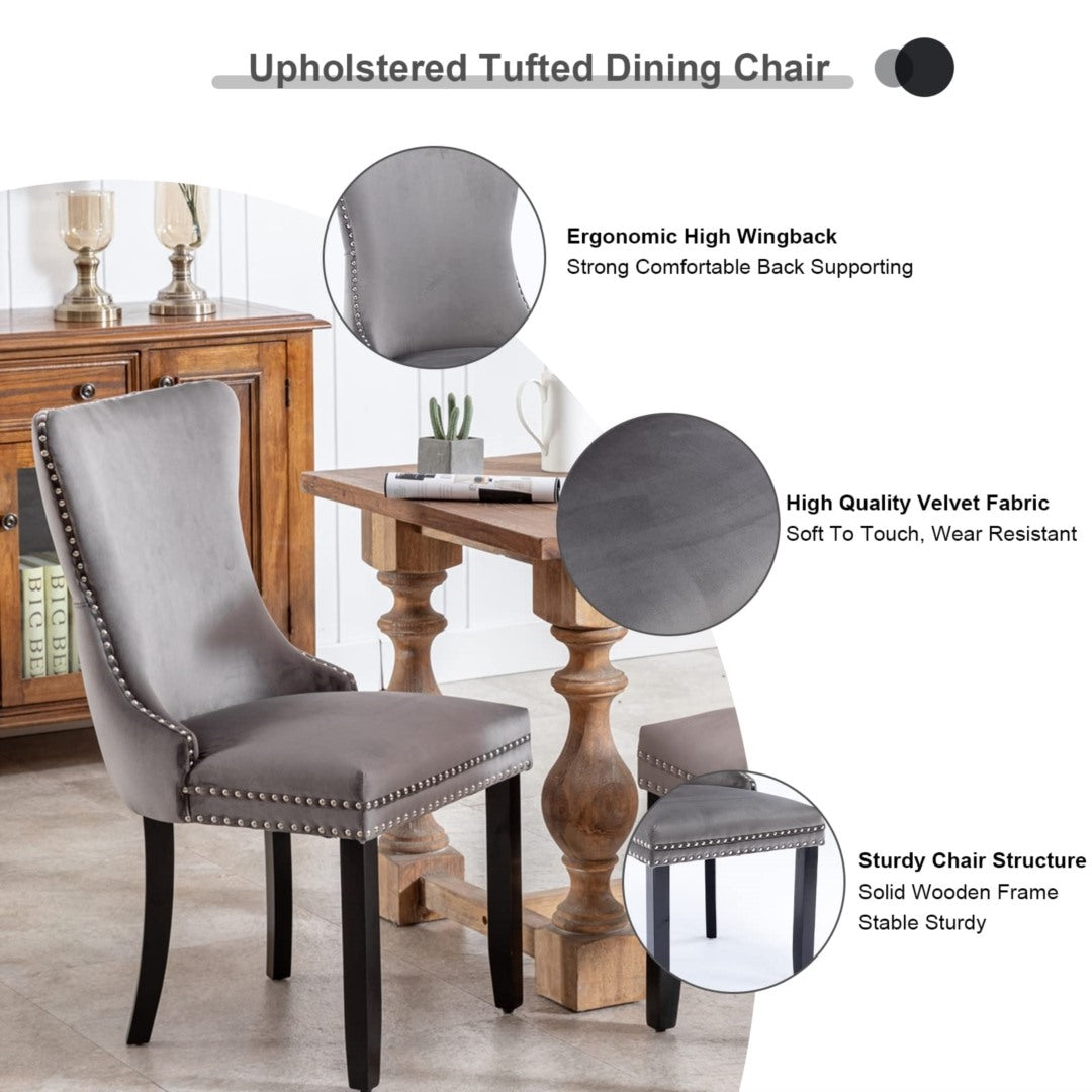 Velvet Upholstered Dining Chairs Tufted Wingback Side Chair with Studs Trim Solid Wood Legs