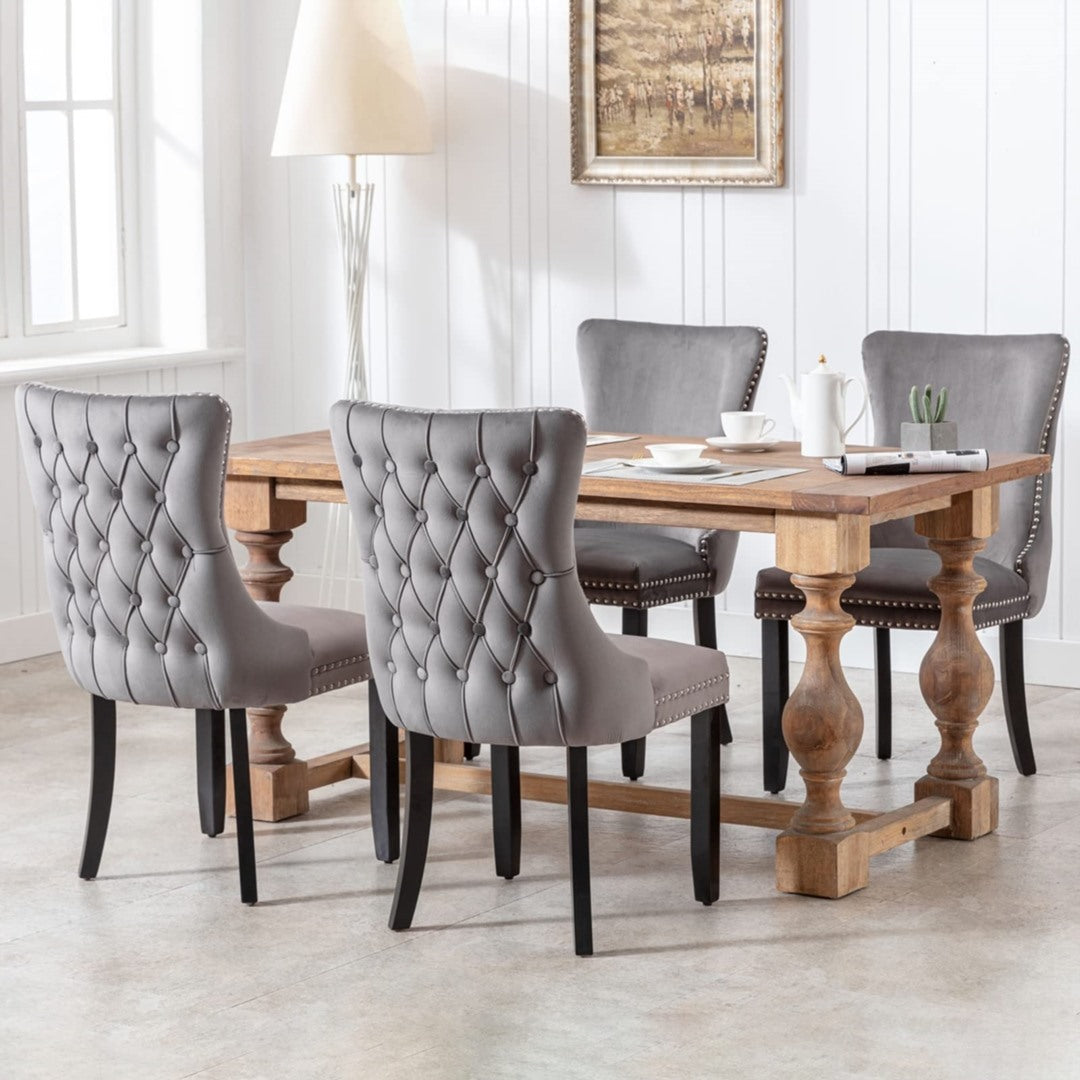 Velvet Upholstered Dining Chairs Tufted Wingback Side Chair with Studs Trim Solid Wood Legs