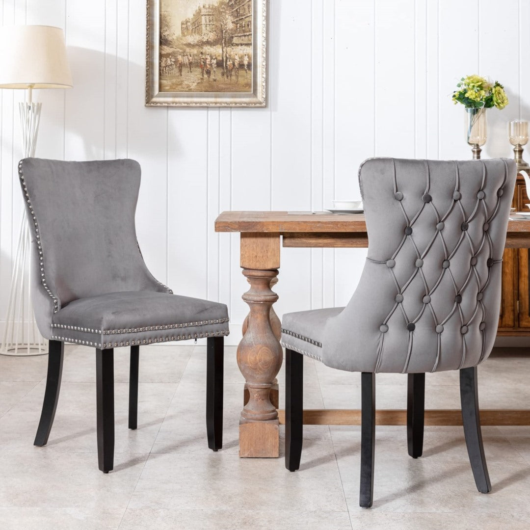 Velvet Upholstered Dining Chairs Tufted Wingback Side Chair with Studs Trim Solid Wood Legs