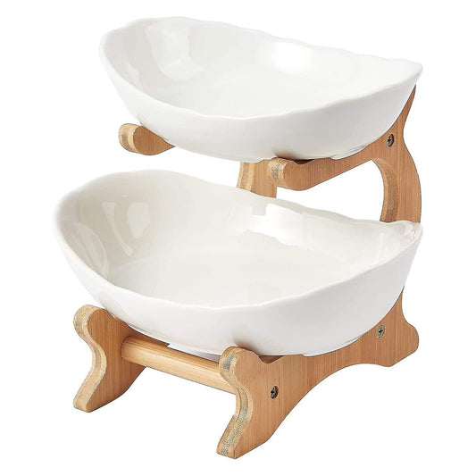 2 Tier & 3 Tier Porcelain Fruit Bowl - Ceramic Vegetable Storage With Bamboo Stand