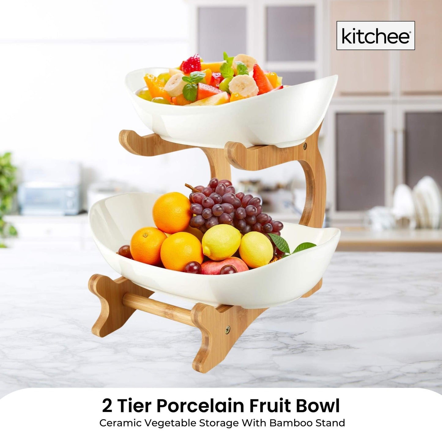 2 Tier & 3 Tier Porcelain Fruit Bowl - Ceramic Vegetable Storage With Bamboo Stand