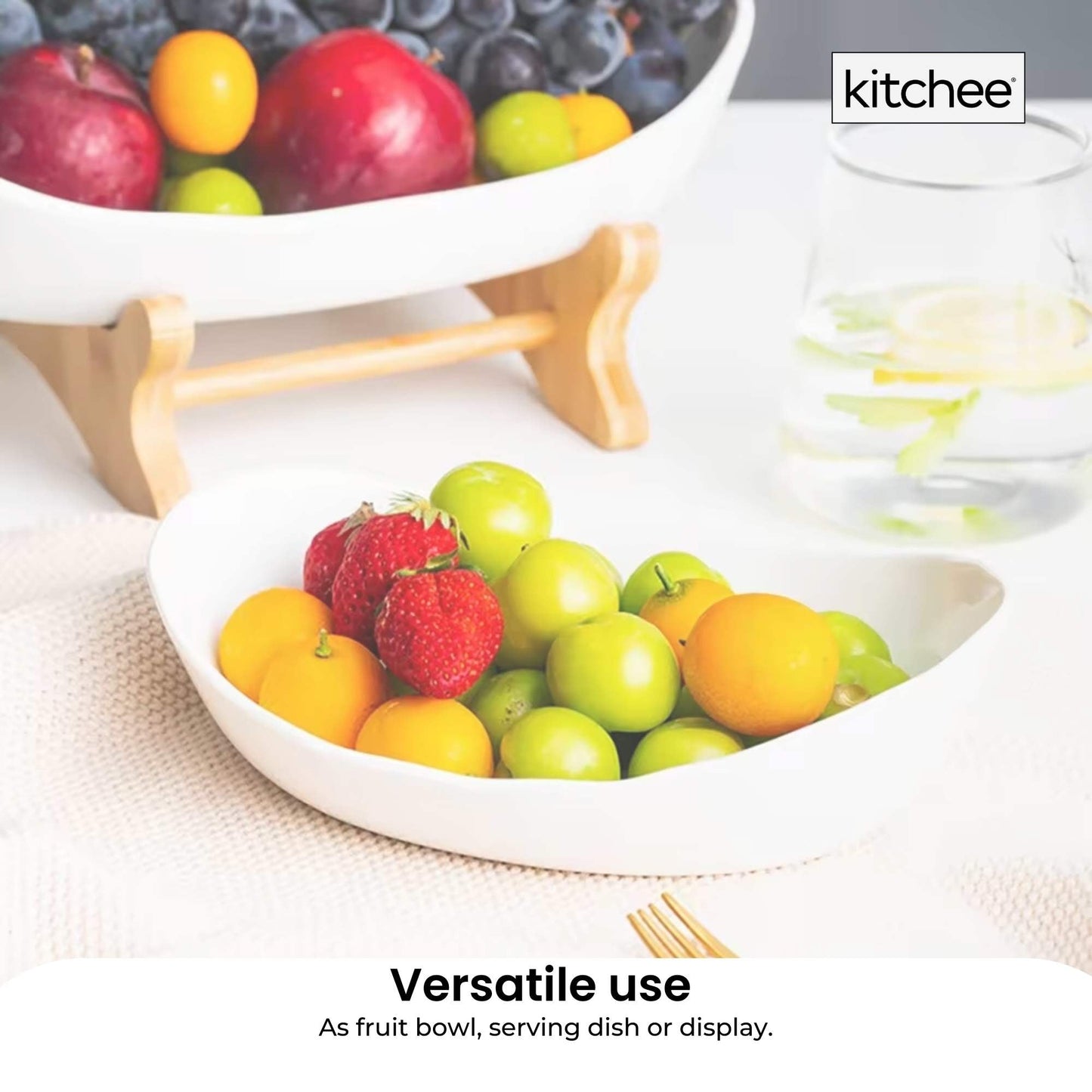 2 Tier & 3 Tier Porcelain Fruit Bowl - Ceramic Vegetable Storage With Bamboo Stand