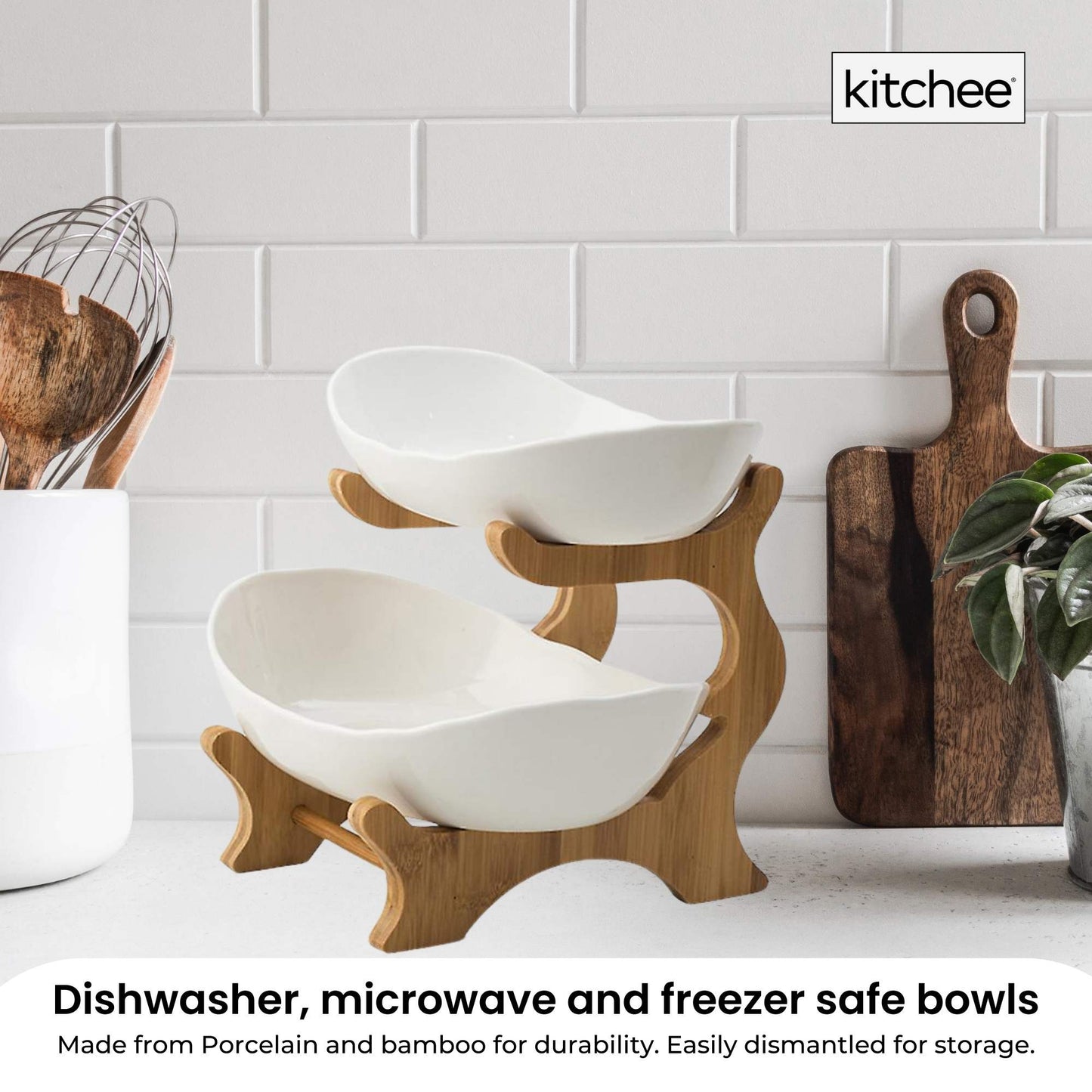 2 Tier & 3 Tier Porcelain Fruit Bowl - Ceramic Vegetable Storage With Bamboo Stand
