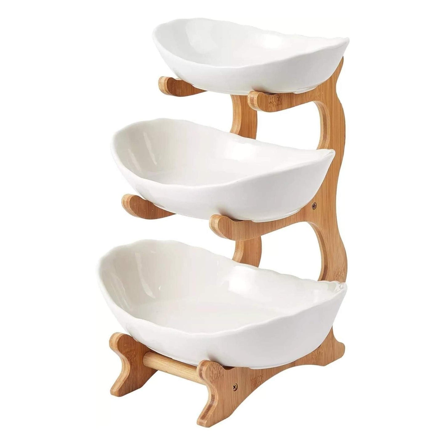 2 Tier & 3 Tier Porcelain Fruit Bowl - Ceramic Vegetable Storage With Bamboo Stand