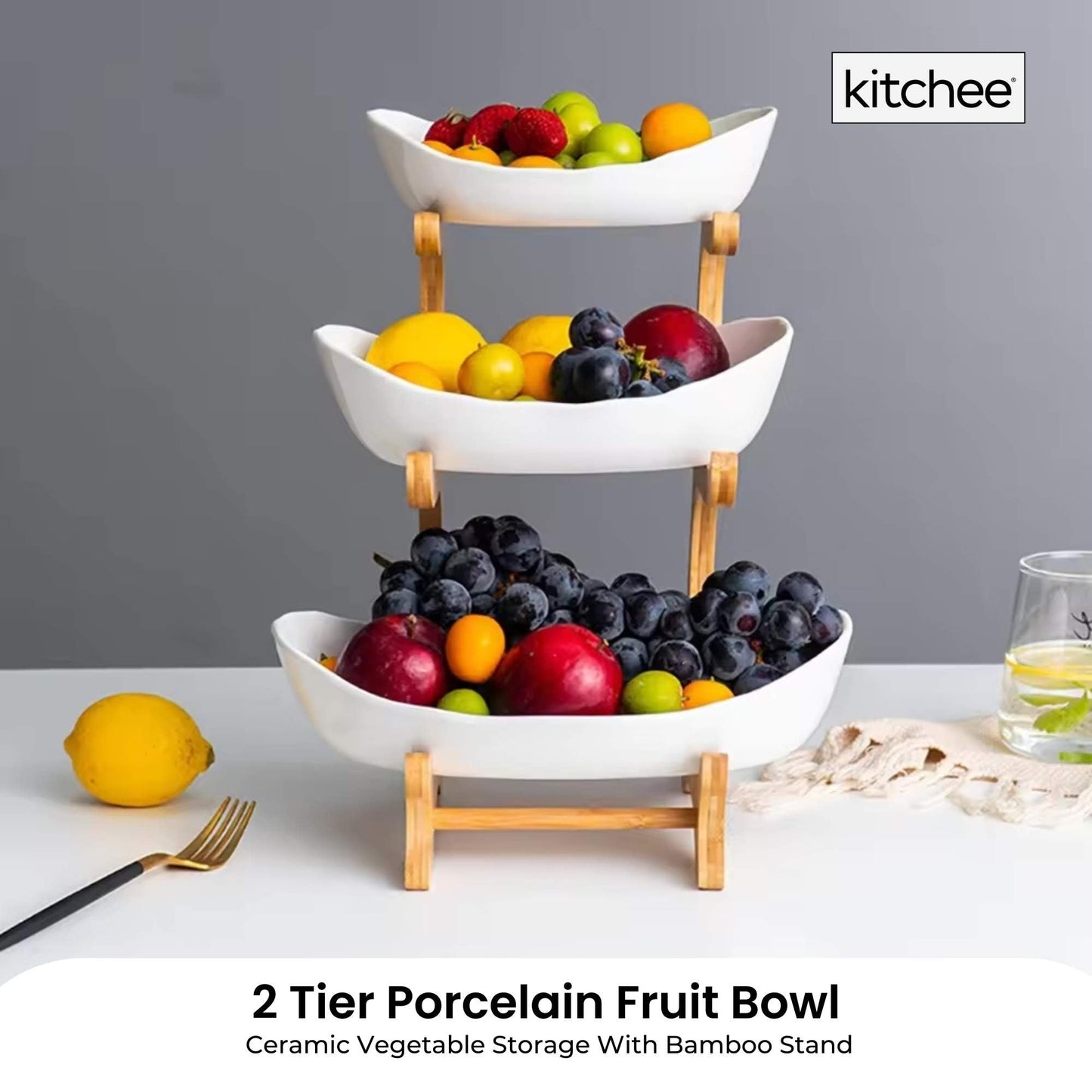 2 Tier & 3 Tier Porcelain Fruit Bowl - Ceramic Vegetable Storage With Bamboo Stand