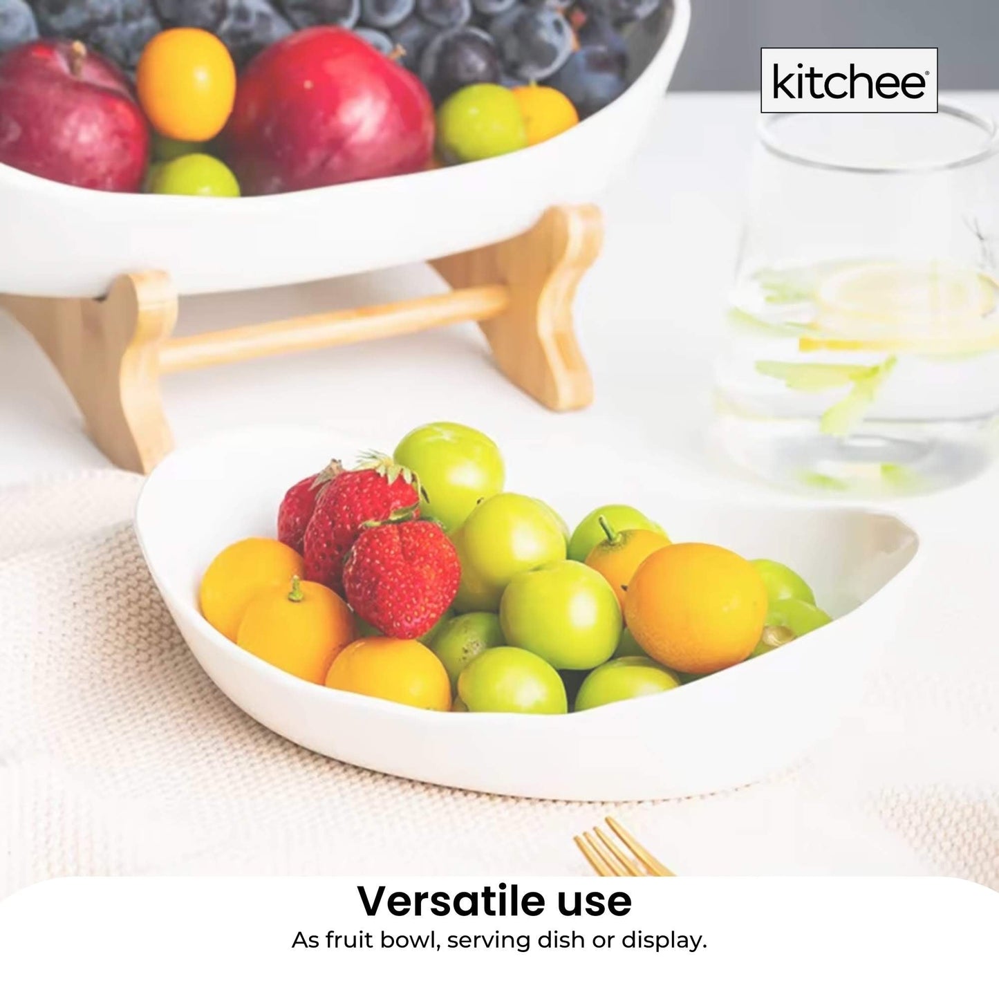 2 Tier & 3 Tier Porcelain Fruit Bowl - Ceramic Vegetable Storage With Bamboo Stand