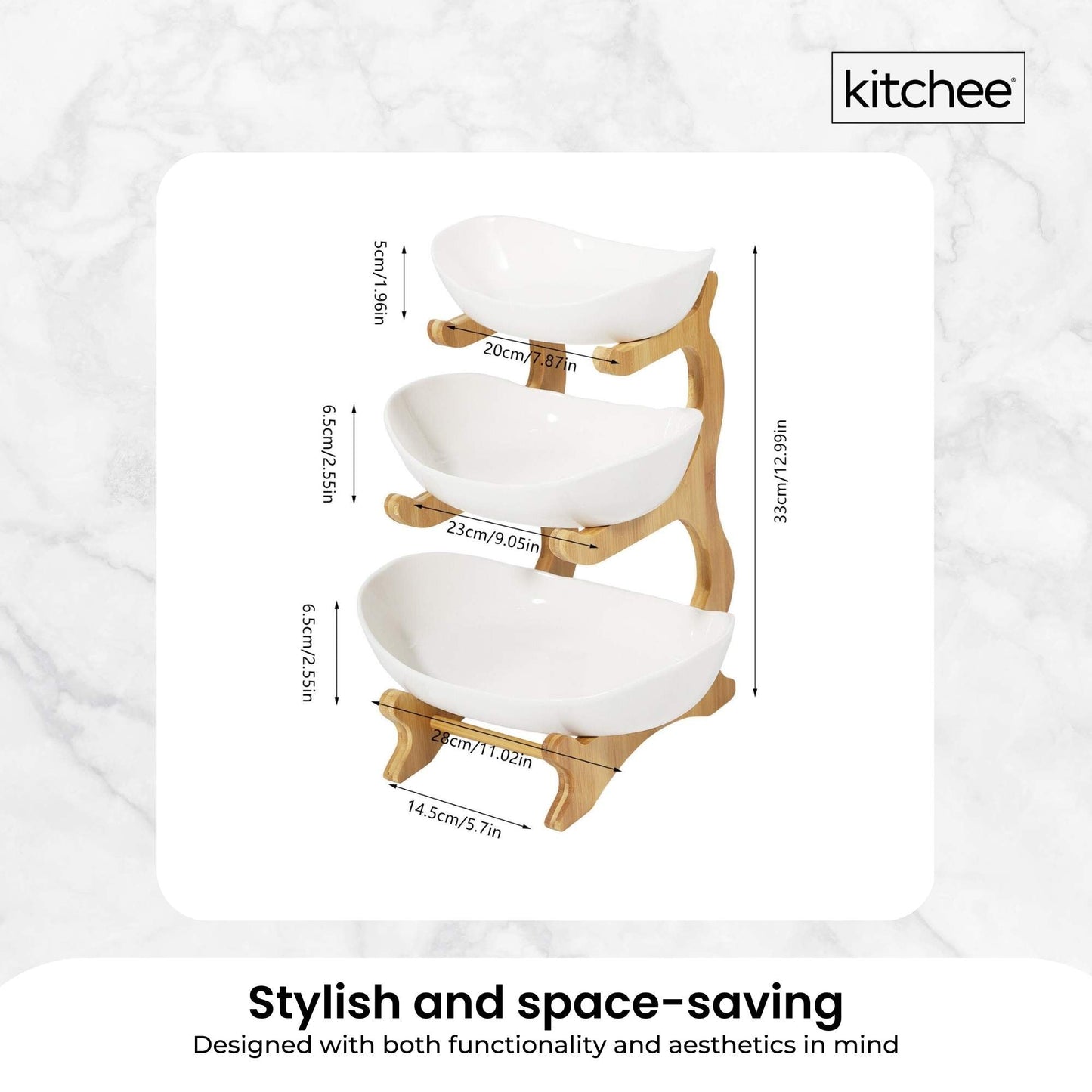 2 Tier & 3 Tier Porcelain Fruit Bowl - Ceramic Vegetable Storage With Bamboo Stand