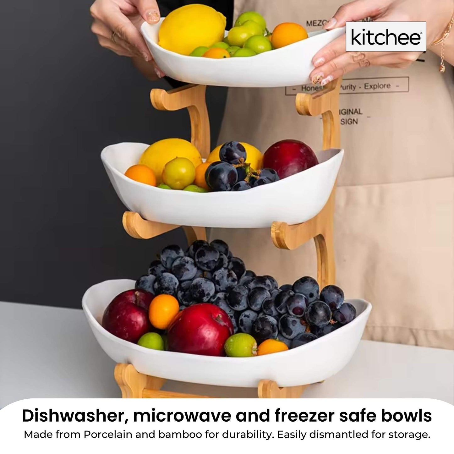 2 Tier & 3 Tier Porcelain Fruit Bowl - Ceramic Vegetable Storage With Bamboo Stand