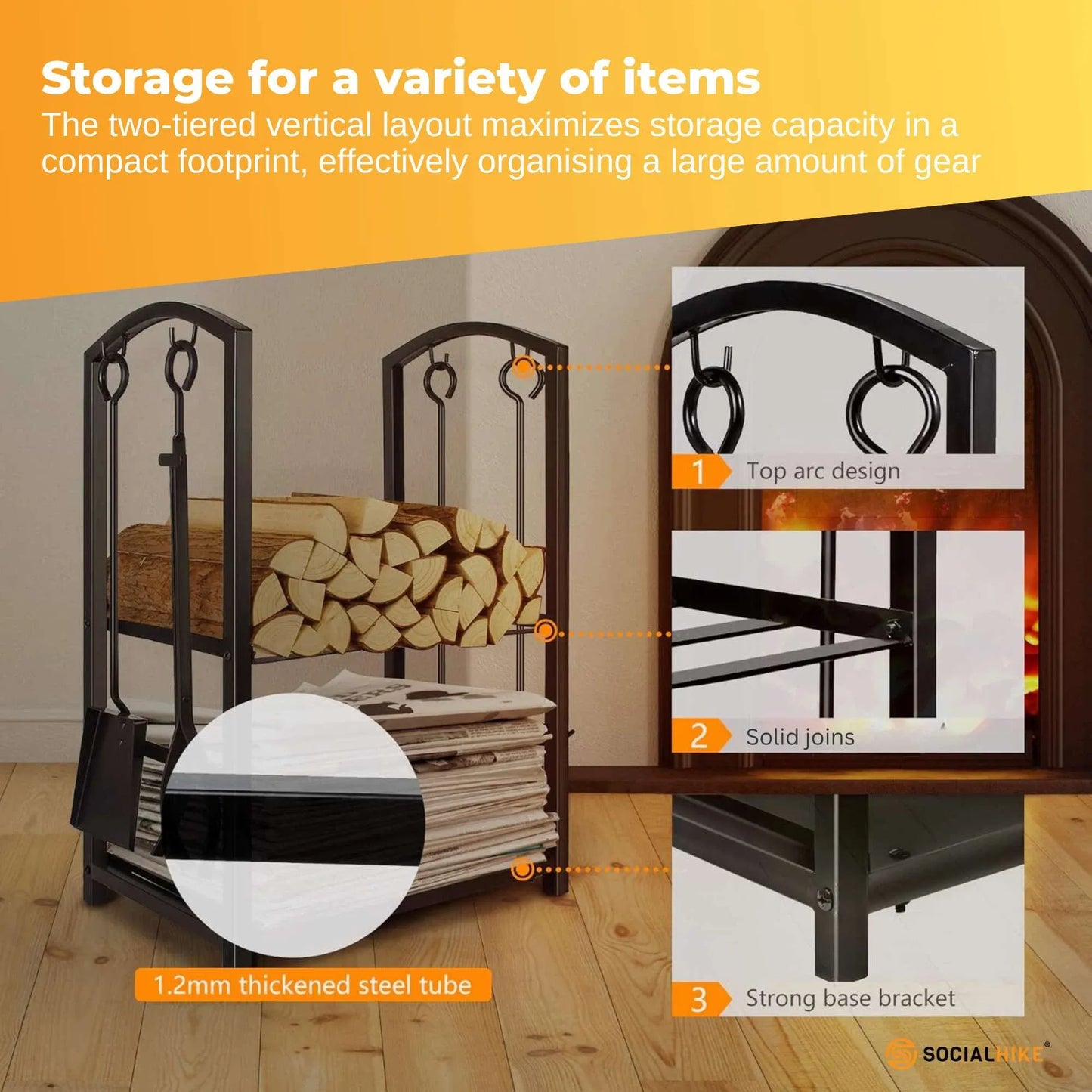 Social Hike Firewood Rack Stand and Fireplace Tool Set - Wood Log Holder