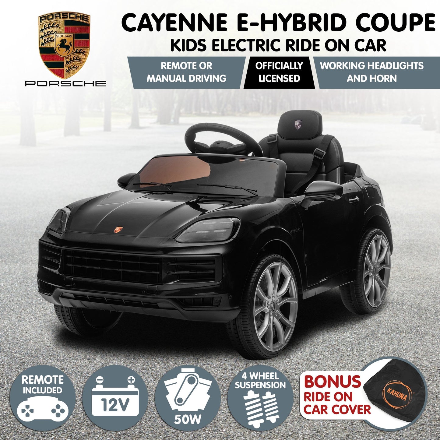 Porsche Cayenne E Hybrid Coupe Kids Electric Ride-On Car – Dual Motors, Remote Control, Black