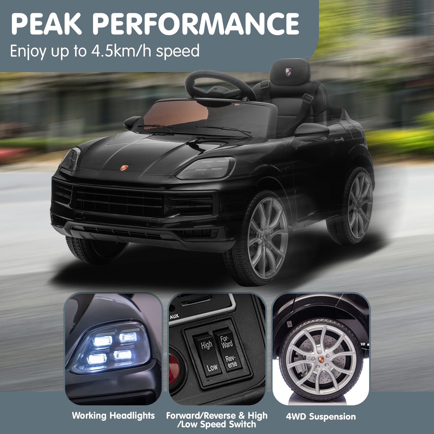 Porsche Cayenne E Hybrid Coupe Kids Electric Ride-On Car – Dual Motors, Remote Control, Black