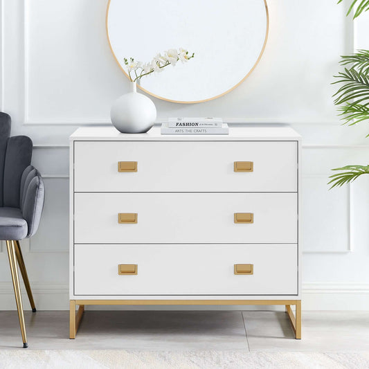 Sarantino Amara tallboy dresser with white finish and gold accents, ideal for modern Australian home styling.
