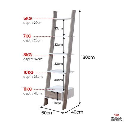 Mira 5-Tier Ladder Shelf – Drawer Storage, White and Grey Oak Finish