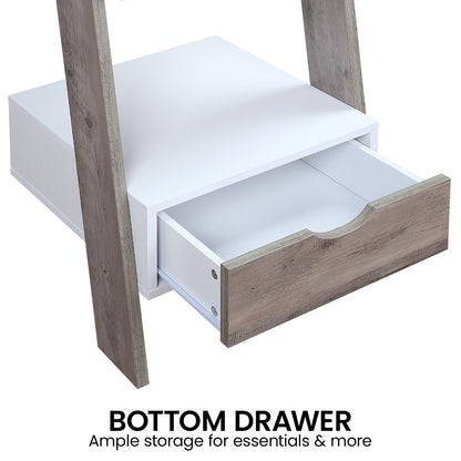 Mira 5-Tier Ladder Shelf – Drawer Storage, White and Grey Oak Finish