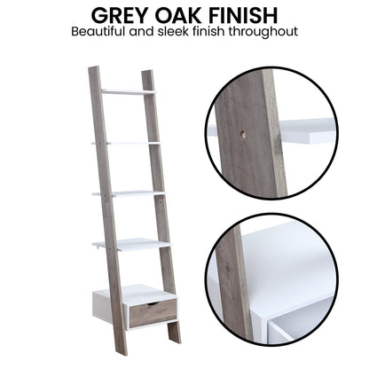 Mira 5-Tier Ladder Shelf – Drawer Storage, White and Grey Oak Finish