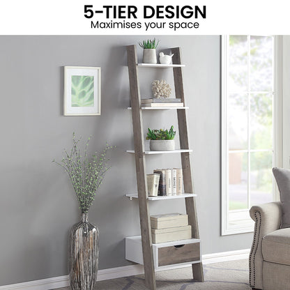 Mira 5-Tier Ladder Shelf – Drawer Storage, White and Grey Oak Finish