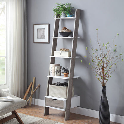 Mira 5-Tier Ladder Shelf – Drawer Storage, White and Grey Oak Finish
