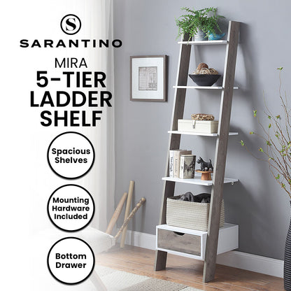 Mira 5-Tier Ladder Shelf – Drawer Storage, White and Grey Oak Finish