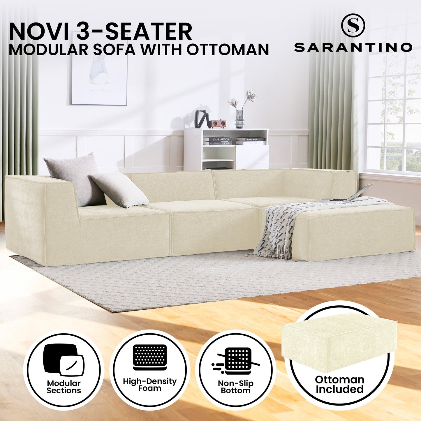 Novi 3-Seater Modular Sofa with Ottoman – Cream, Non-Slip Bottom