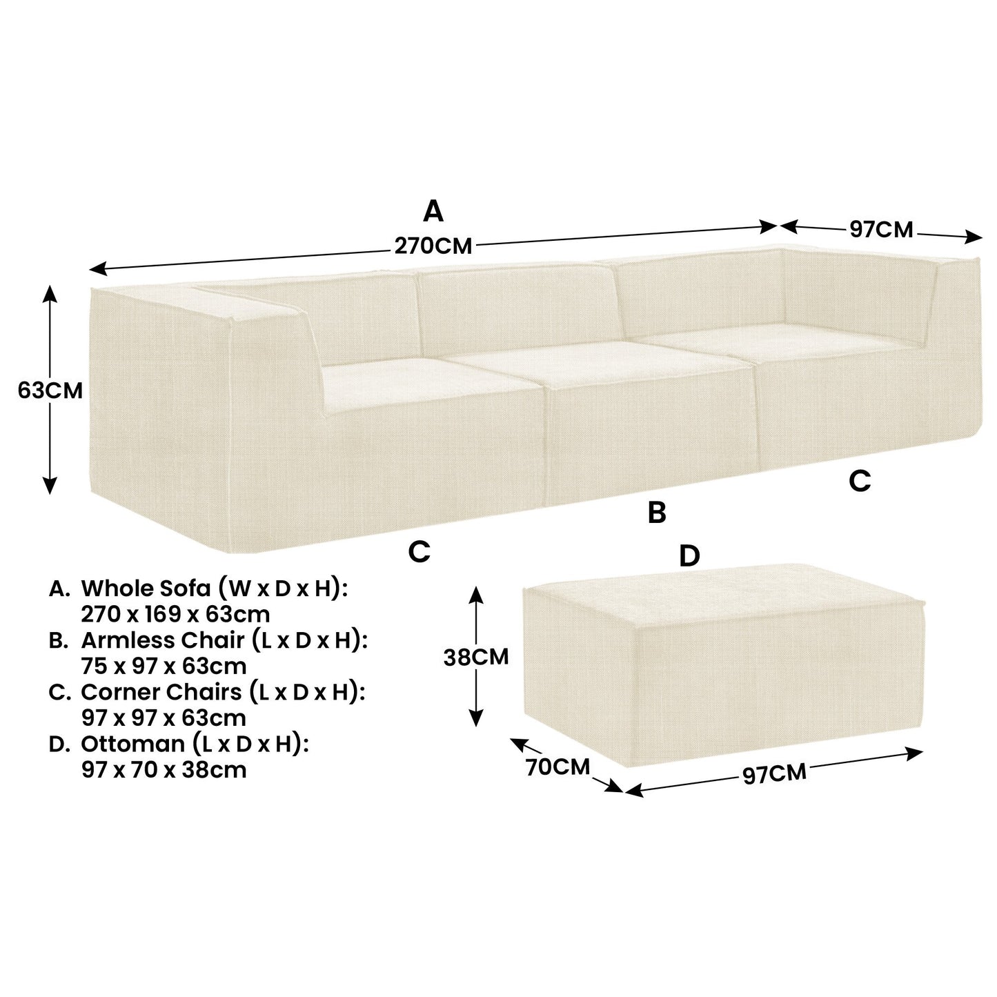 Novi 3-Seater Modular Sofa with Ottoman – Cream, Non-Slip Bottom