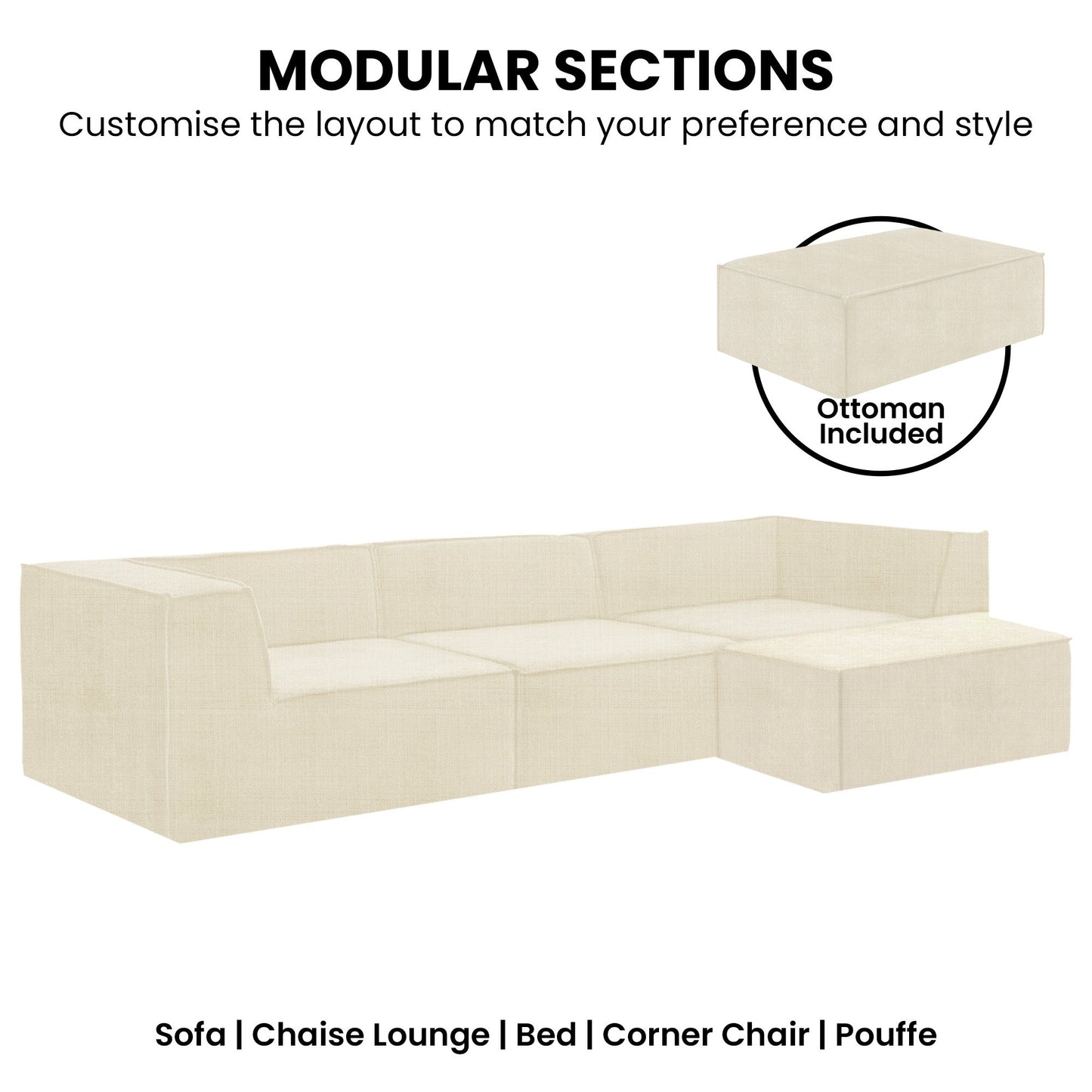 Novi 3-Seater Modular Sofa with Ottoman – Cream, Non-Slip Bottom