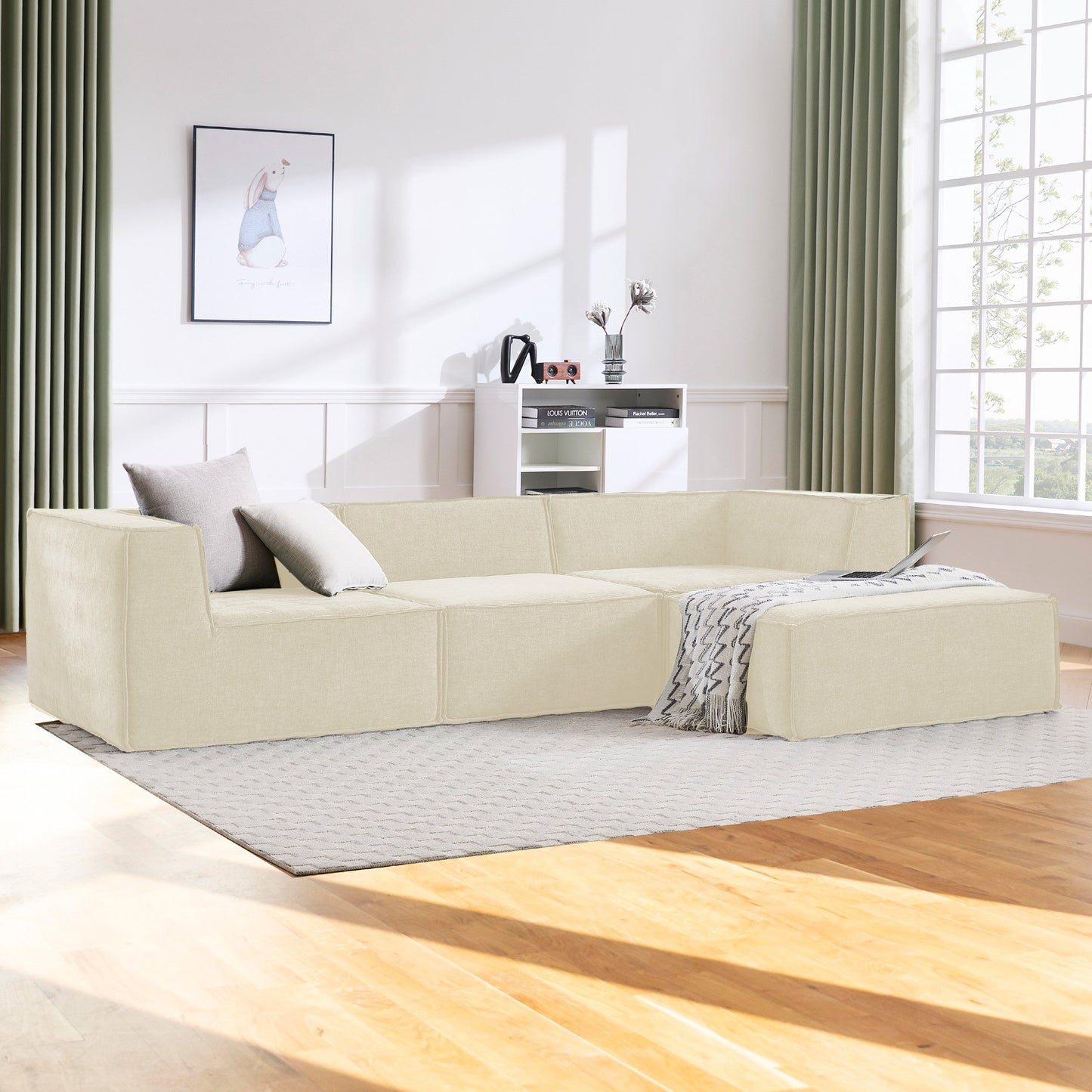 Novi 3-Seater Modular Sofa with Ottoman – Cream, Non-Slip Bottom