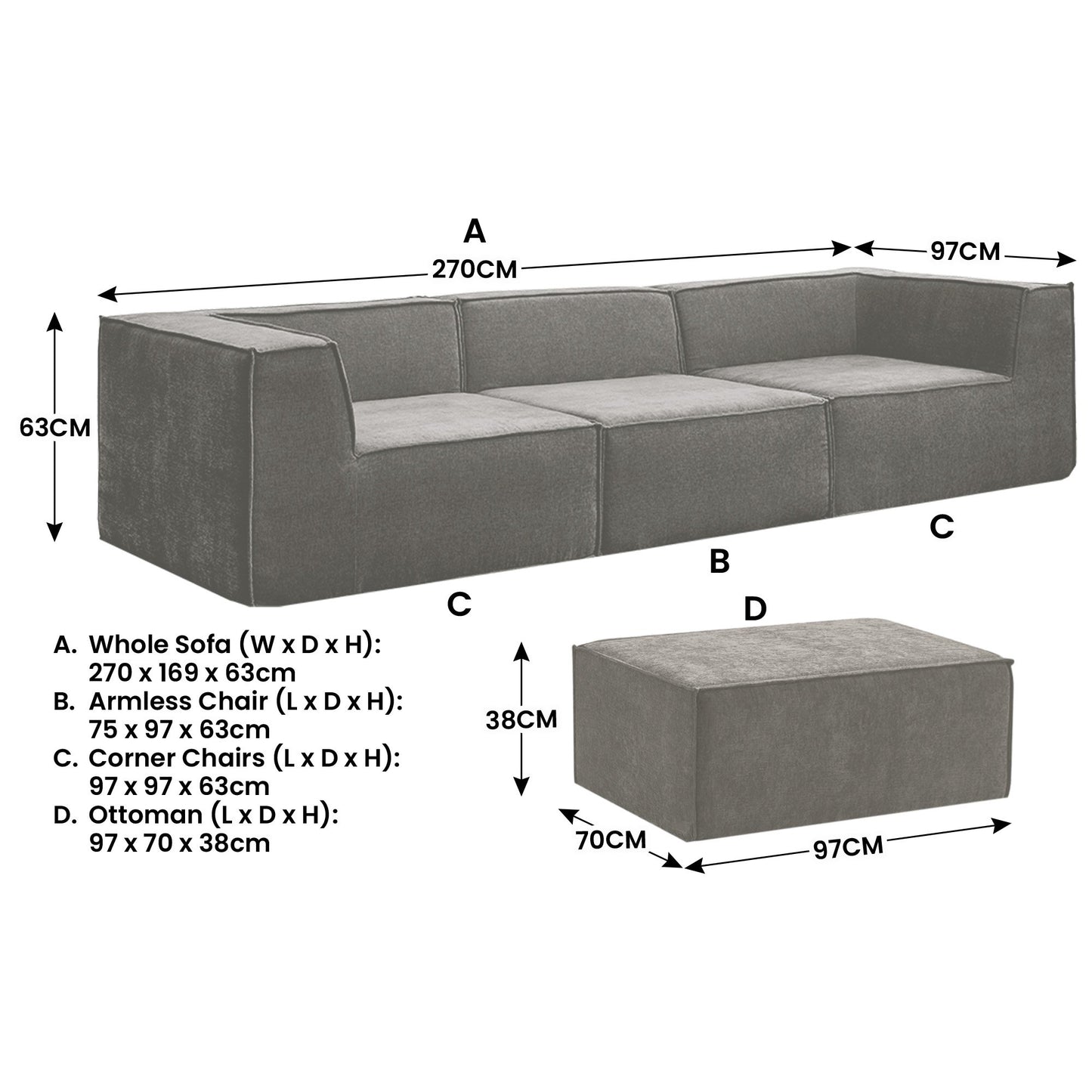 Novi 3-Seater Modular Sofa with Ottoman – Grey, Non-Slip Bottom