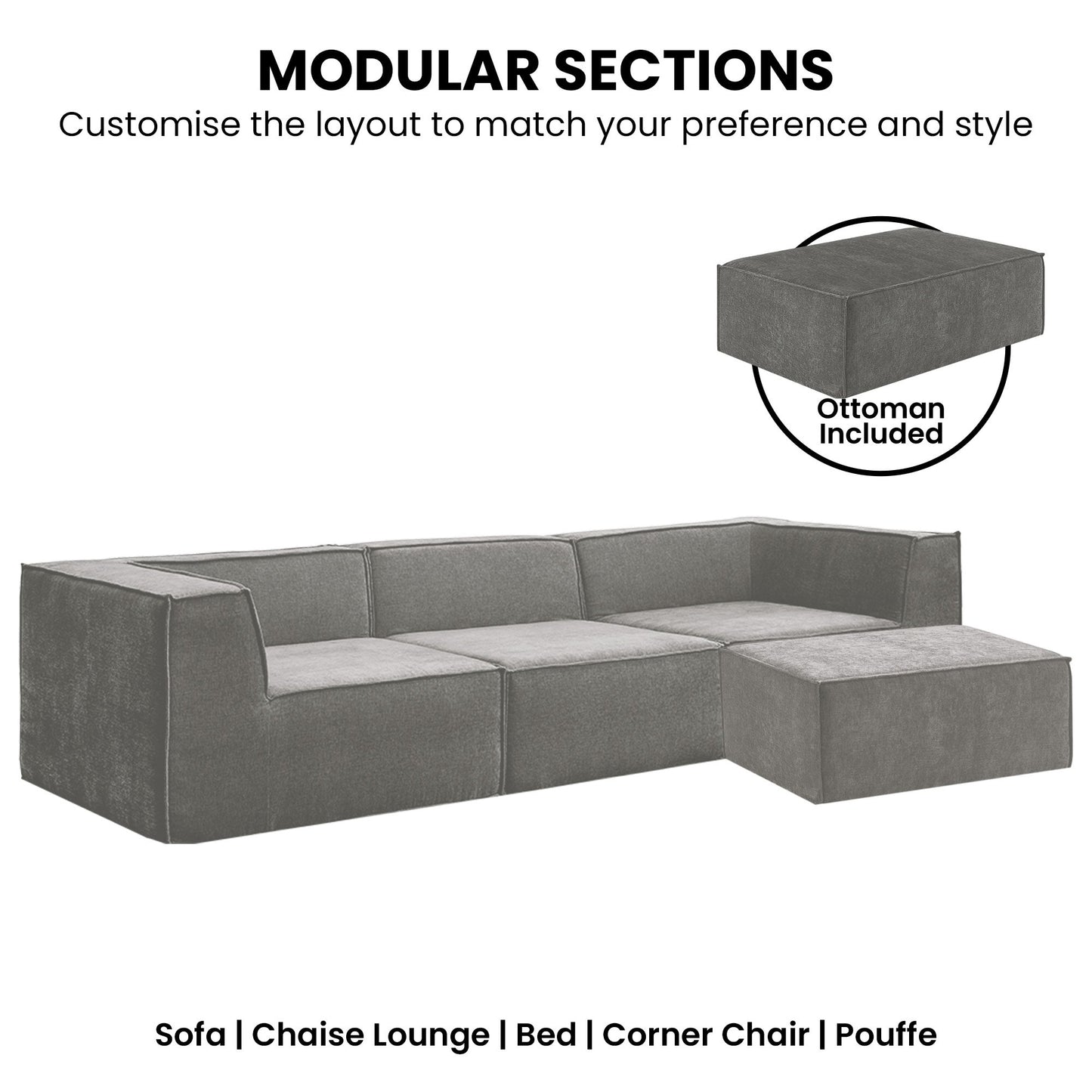 Novi 3-Seater Modular Sofa with Ottoman – Grey, Non-Slip Bottom