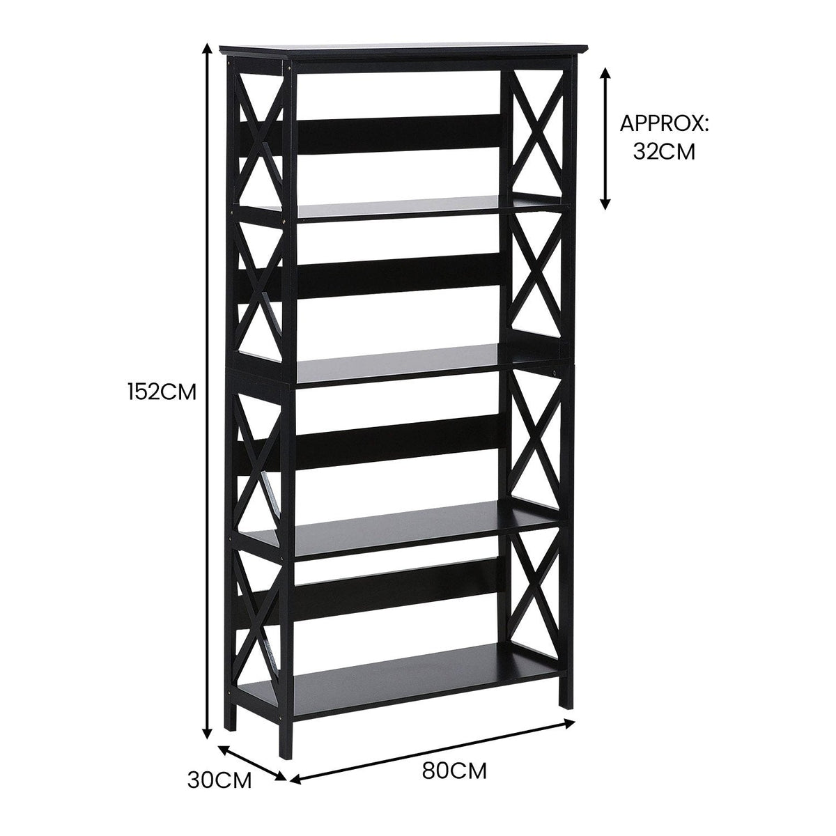 Daphne 5-Tier Bookshelf - Cross Panel Design, MDF Material