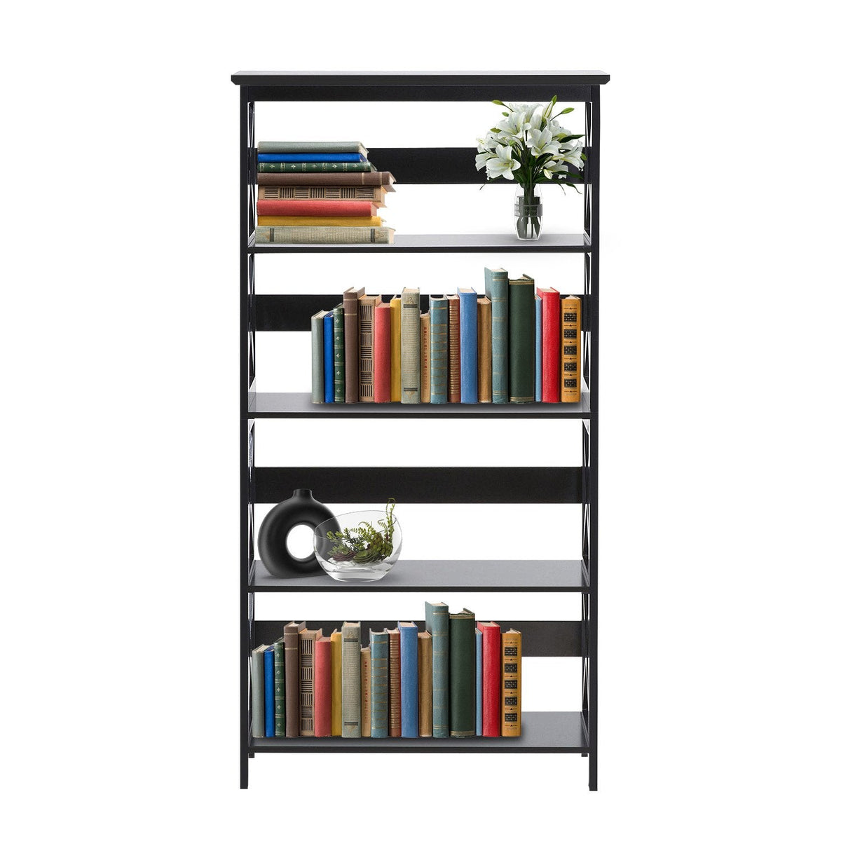 Daphne 5-Tier Bookshelf - Cross Panel Design, MDF Material