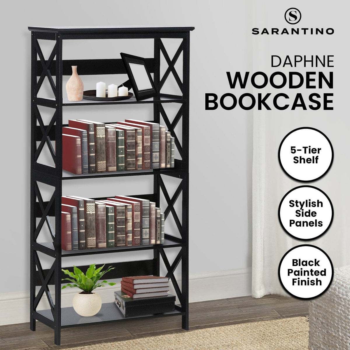 Daphne 5-Tier Bookshelf - Cross Panel Design, MDF Material