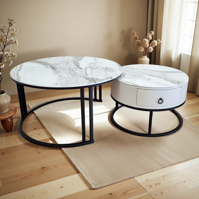 Snowy Mountain Faux Modern Marble Slate Nesting Coffee Table Set Leather Wrapped Wood Drawers