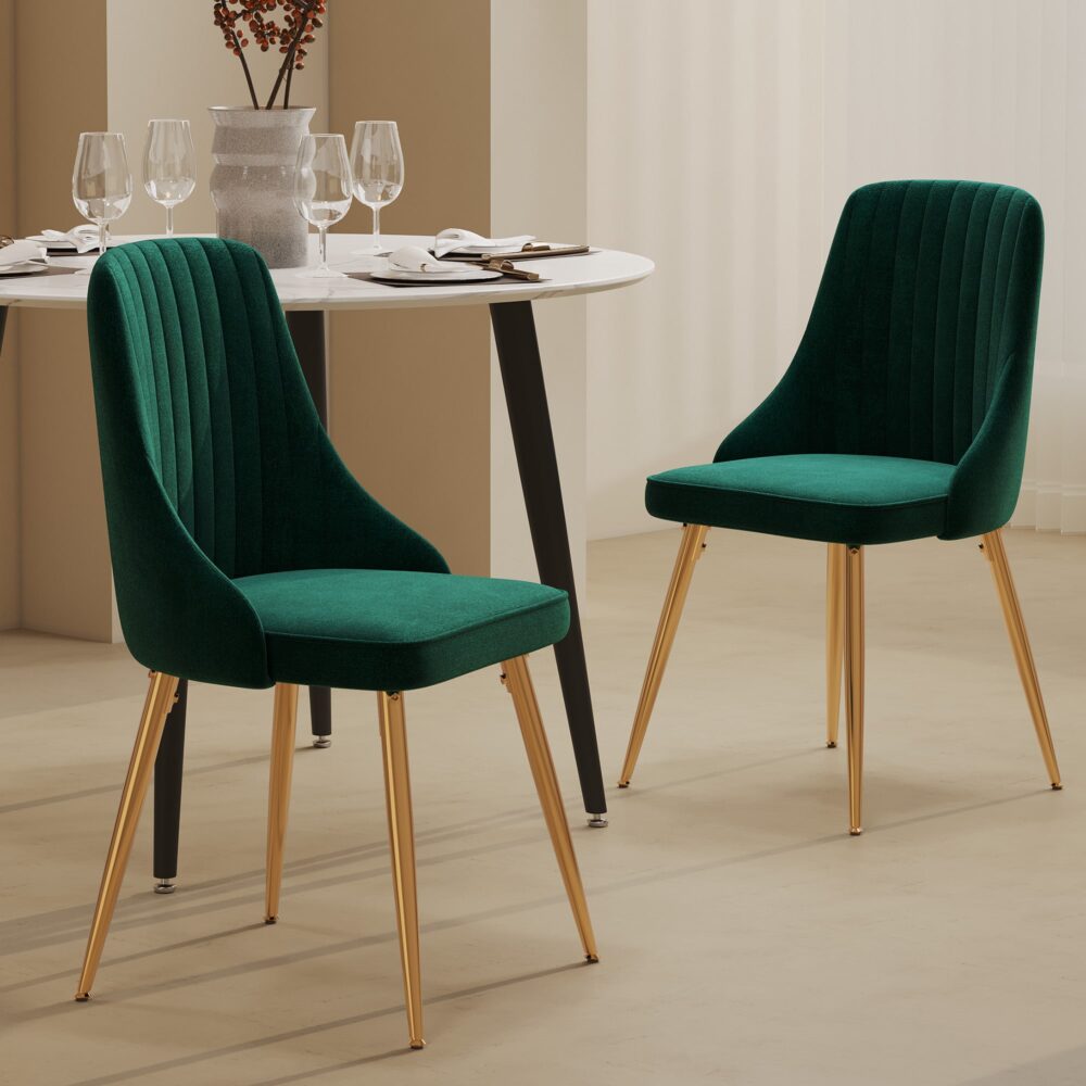 Viva Forever Set of 2 Velvet Dining Chairs – Art Deco Design with Gold Metal Legs