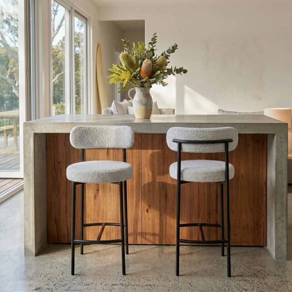 Sleek White Quartz Metal Boucle Elsa Bar Stools