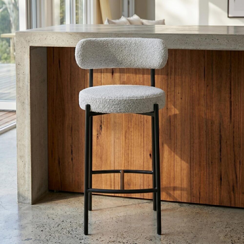 Sleek White Quartz Metal Boucle Elsa Bar Stools