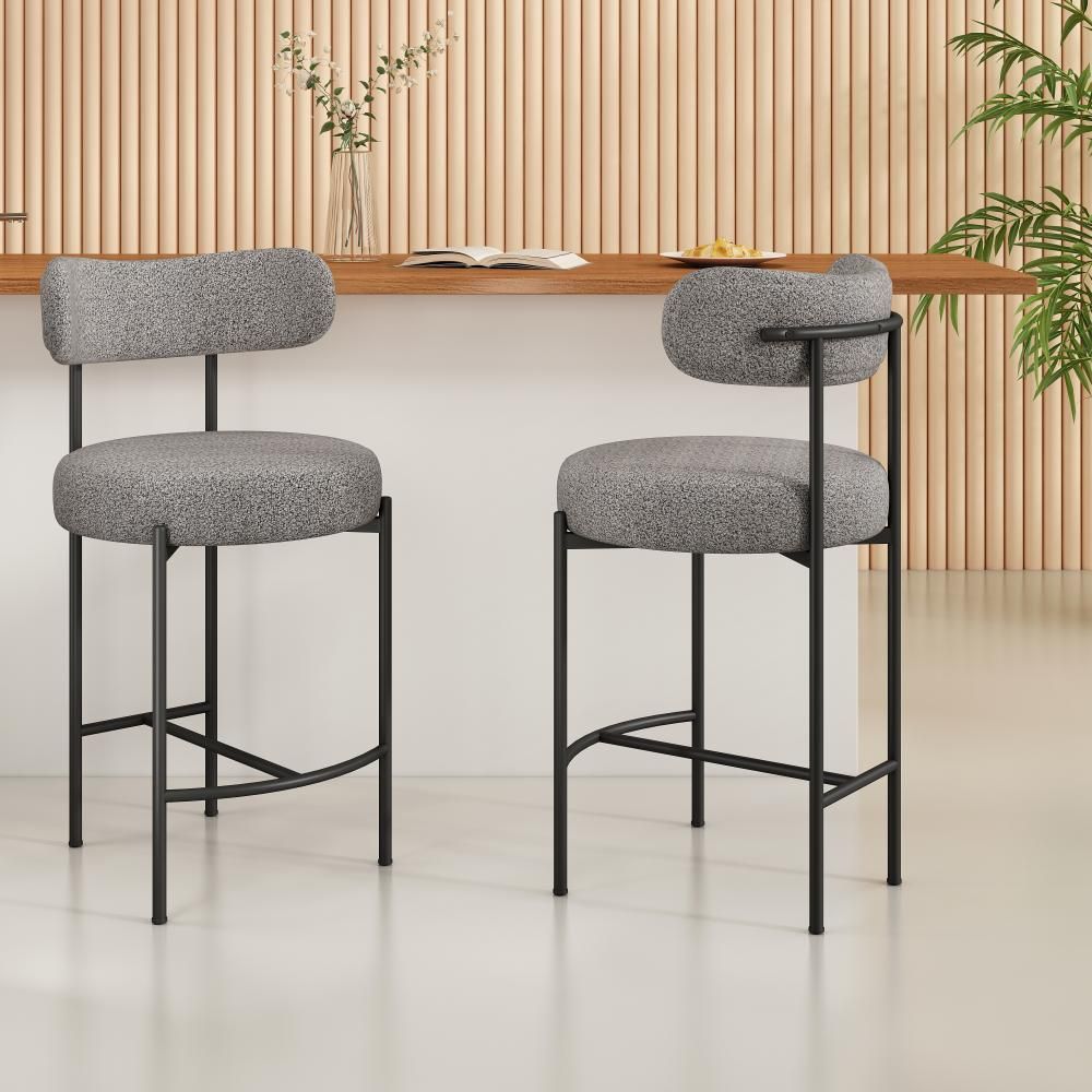 Elsa Low Bar Stools – Grey Boucle Upholstery, Steel Frame, Set of 2