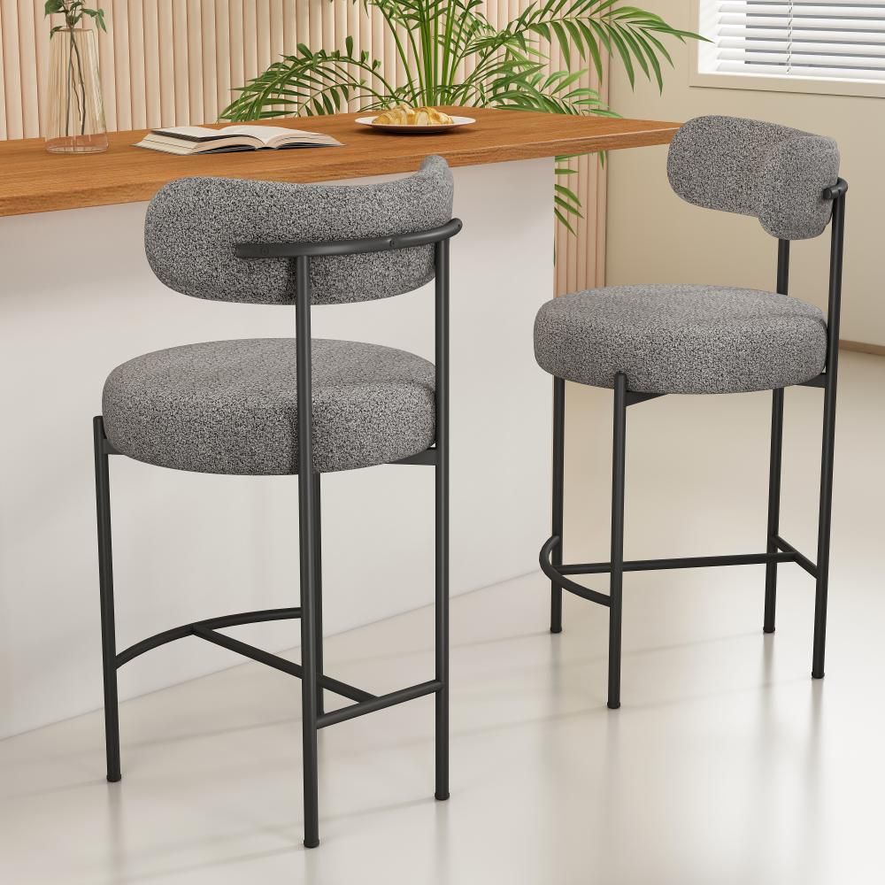 Elsa Low Bar Stools – Grey Boucle Upholstery, Steel Frame, Set of 2
