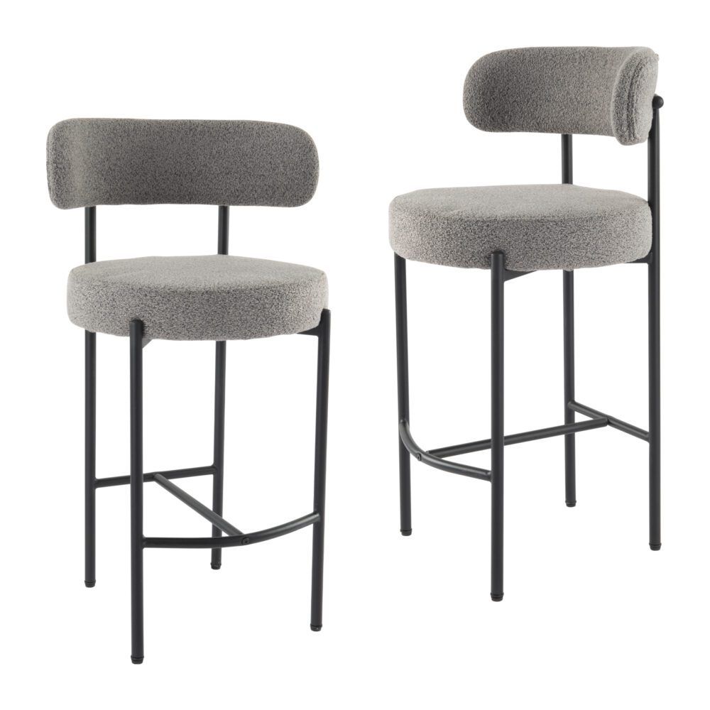 Elsa Low Bar Stools – Grey Boucle Upholstery, Steel Frame, Set of 2