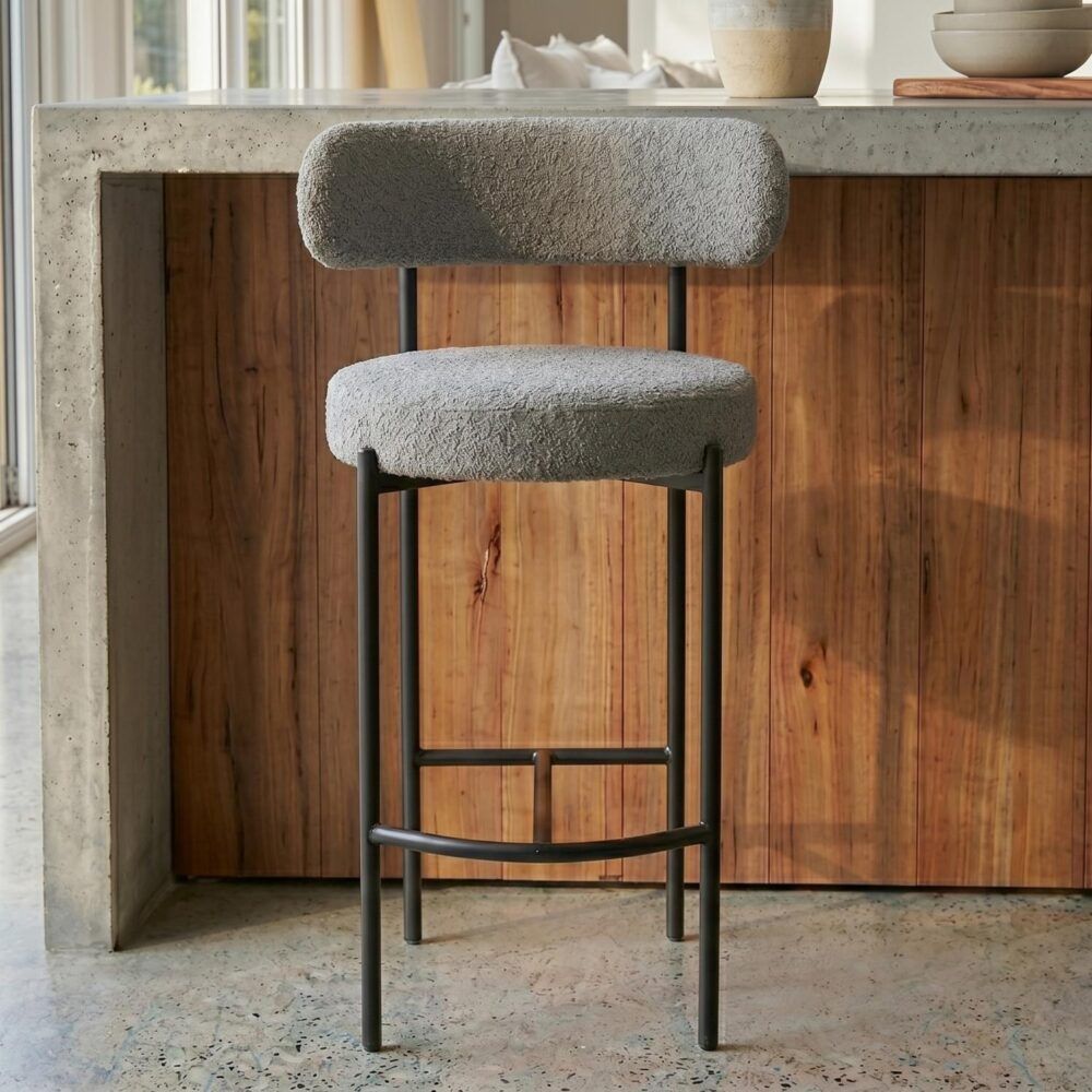 Elsa Low Bar Stools – Grey Boucle Upholstery, Steel Frame, Set of 2