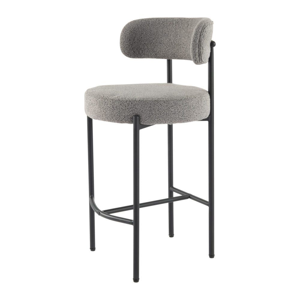 Elsa Low Bar Stools – Grey Boucle Upholstery, Steel Frame, Set of 2